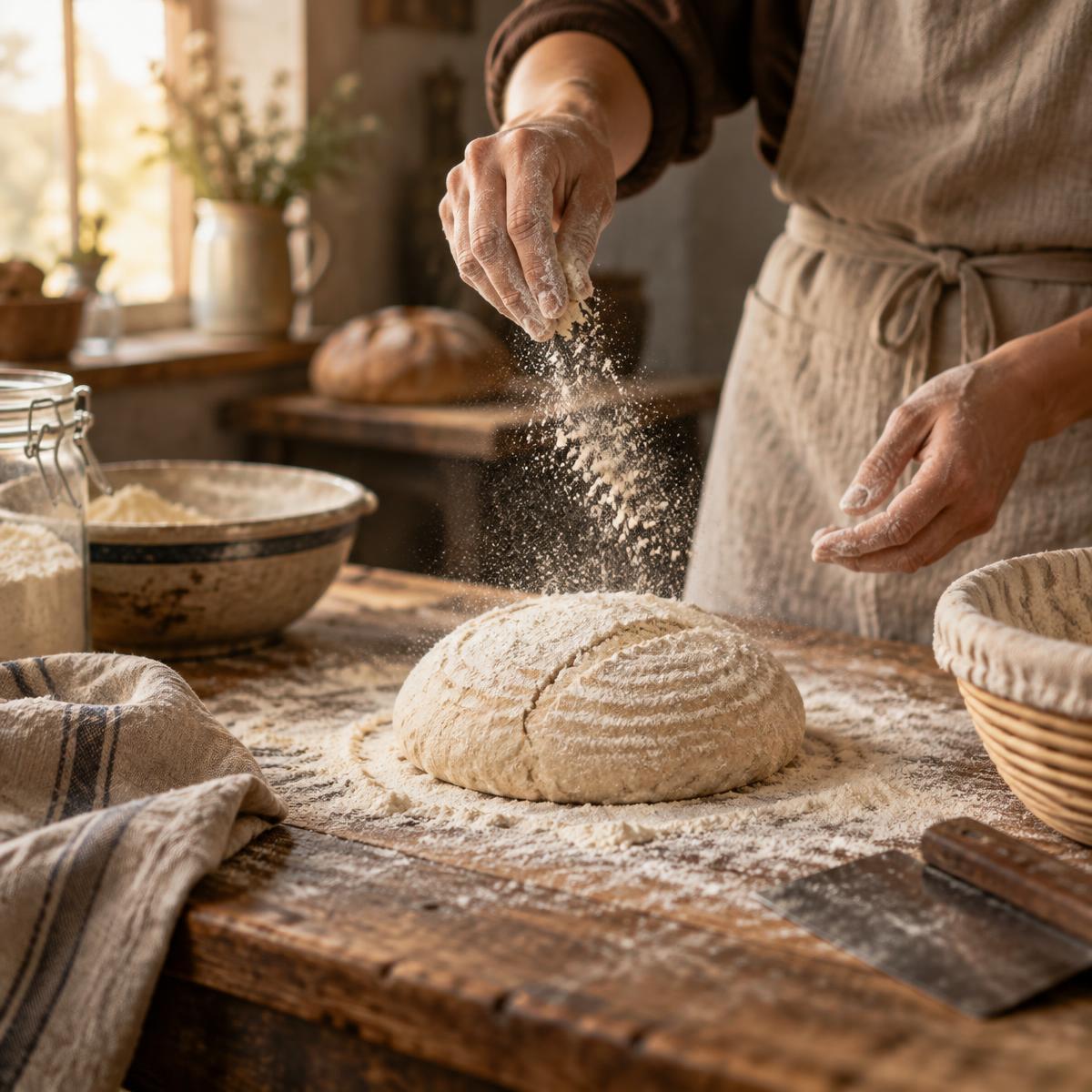 Hands dusting flour over sourdough dough on a farmhouse table